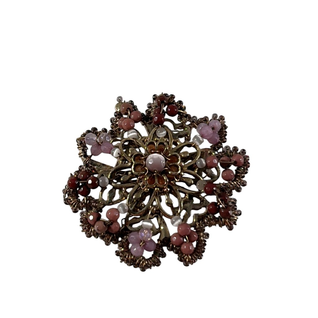 Vtg Liz Claiborne Beaded Floral Brooch Pink Mauve Gold Tone Filigree Pin